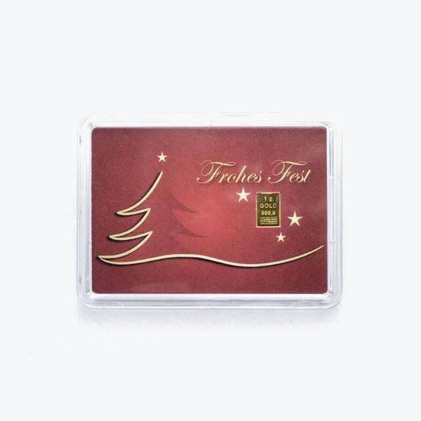 Geschenkmotivbarren - 1 g Goldbarren - Frohes Fest Bild von Geschenkmotivbarren - 1 g Goldbarren - Frohes Fest