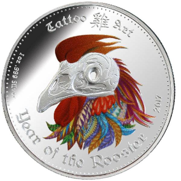 1 oz Silbermünze Tattoo Art - Year of the Rooster 2017 Bild von 1 oz Silbermünze Tattoo Art - Year of the Rooster 2017